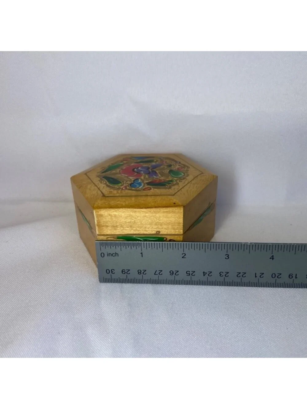 Vintage Polygon Shaped Wooden Trinket Box Painted Lacquer Floral Folk Art  1970s